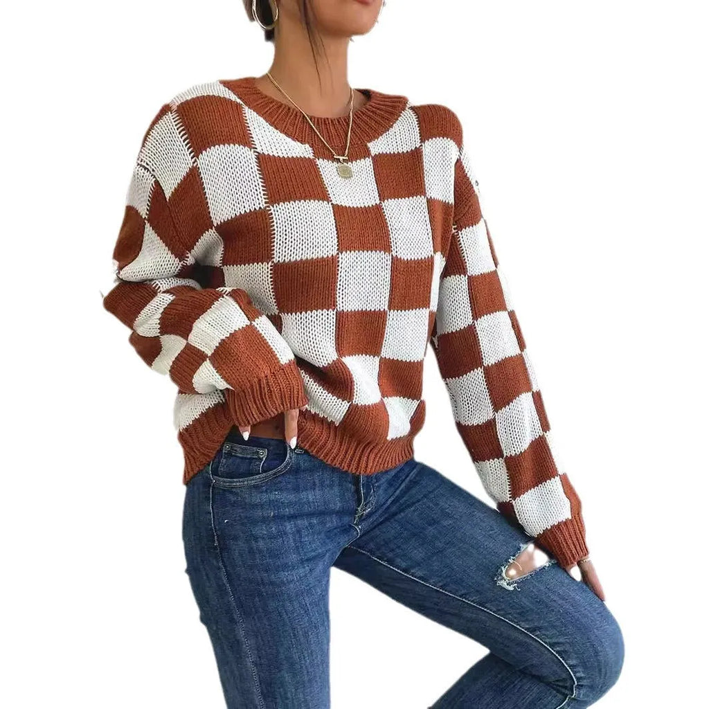 Dark brown plaid acrylic pullover sweater with round neck and long sleeves