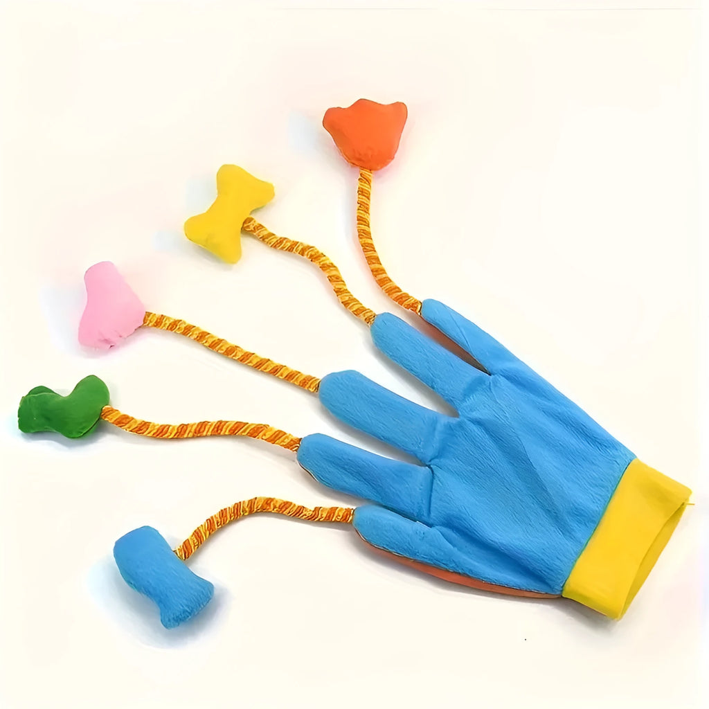 Yellow and blue plush magic glove cat toy with bell on 40cm wand