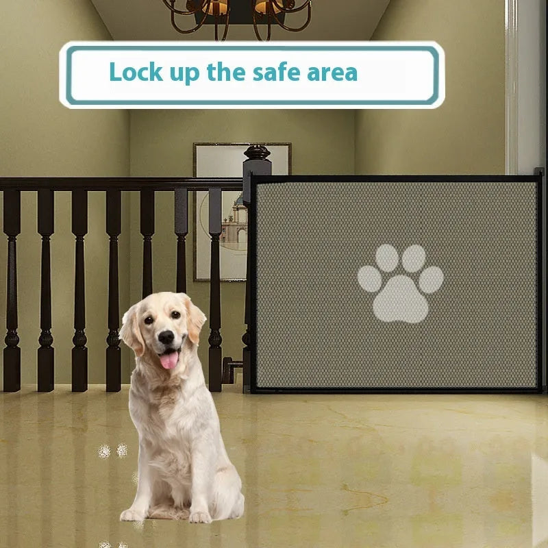 Portable folding dog barrier net fence with pet doorsill in black dog footprint design