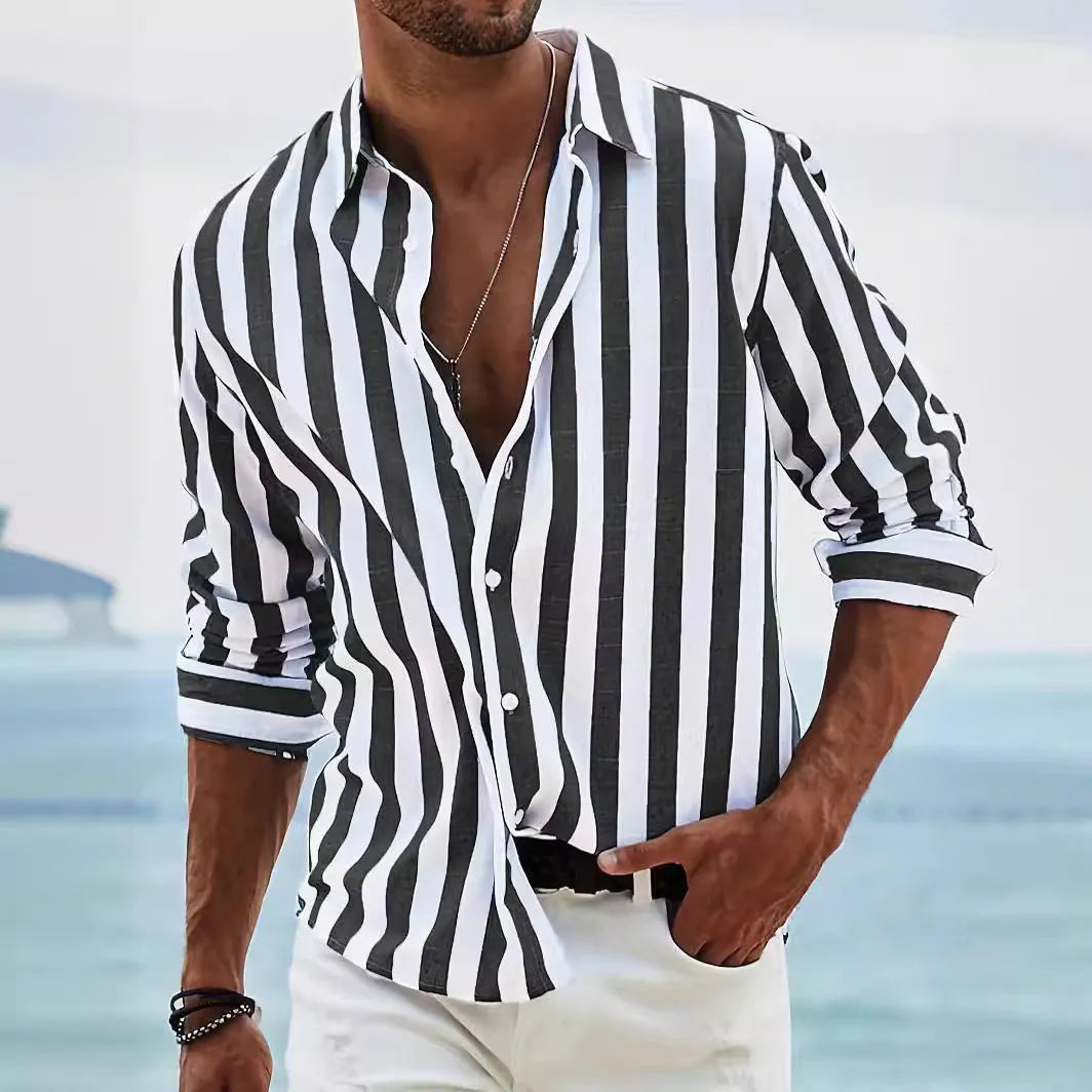Men's striped casual shirt in loose fit cardigan style with long sleeves