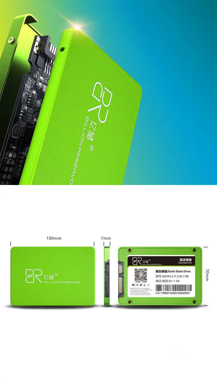 J11 black 2.5-inch SATA solid state drive on a desktop.