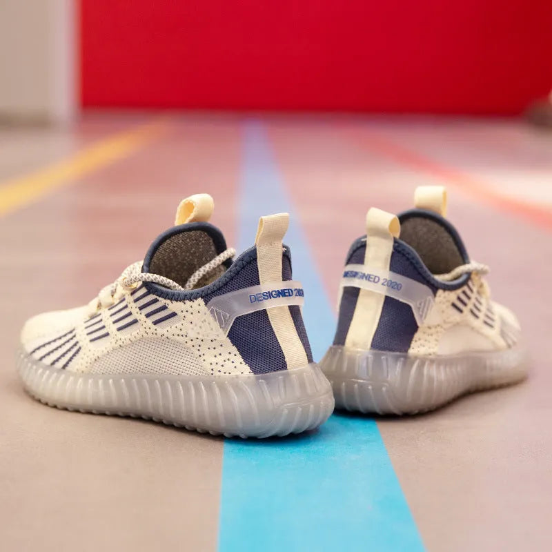 Men's white breathable sports shoes with mesh lining and platform heel on grey background