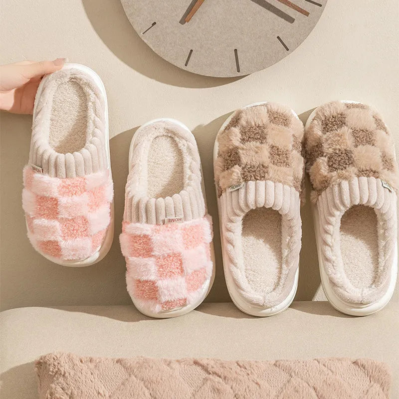 Women's plaid plush slippers in grey with a coral velvet upper and textured non-slip PVC sole.