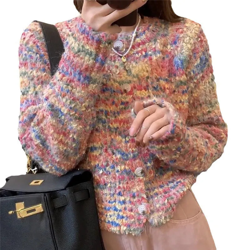 Retro rainbow knitted cardigan sweater in pink and green colours with slim fit free size