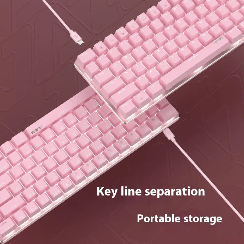 Pink 82-key mechanical keyboard with white backlight on a metal case.