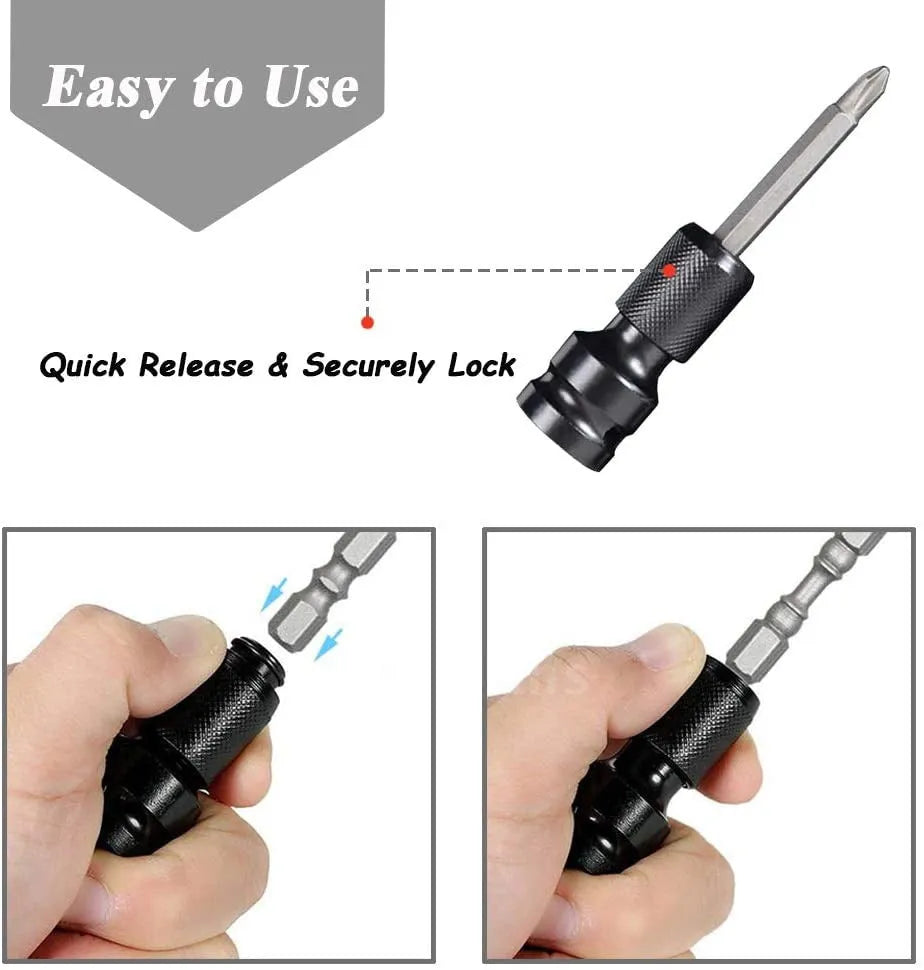 Telescopic bit holder with hexagonal handle for electric wrenches showing extended sleeve and bit retention mechanism
