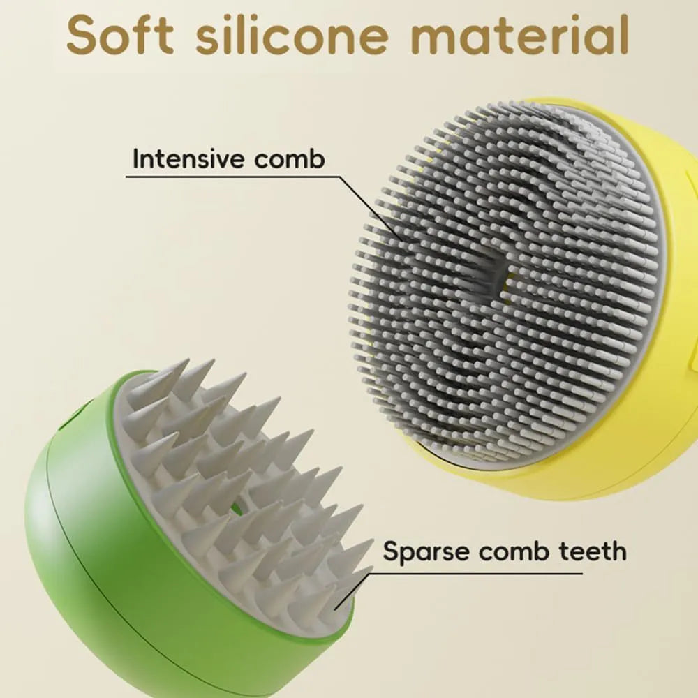 Green and yellow rechargeable silicone cat steam brush for grooming and massage.