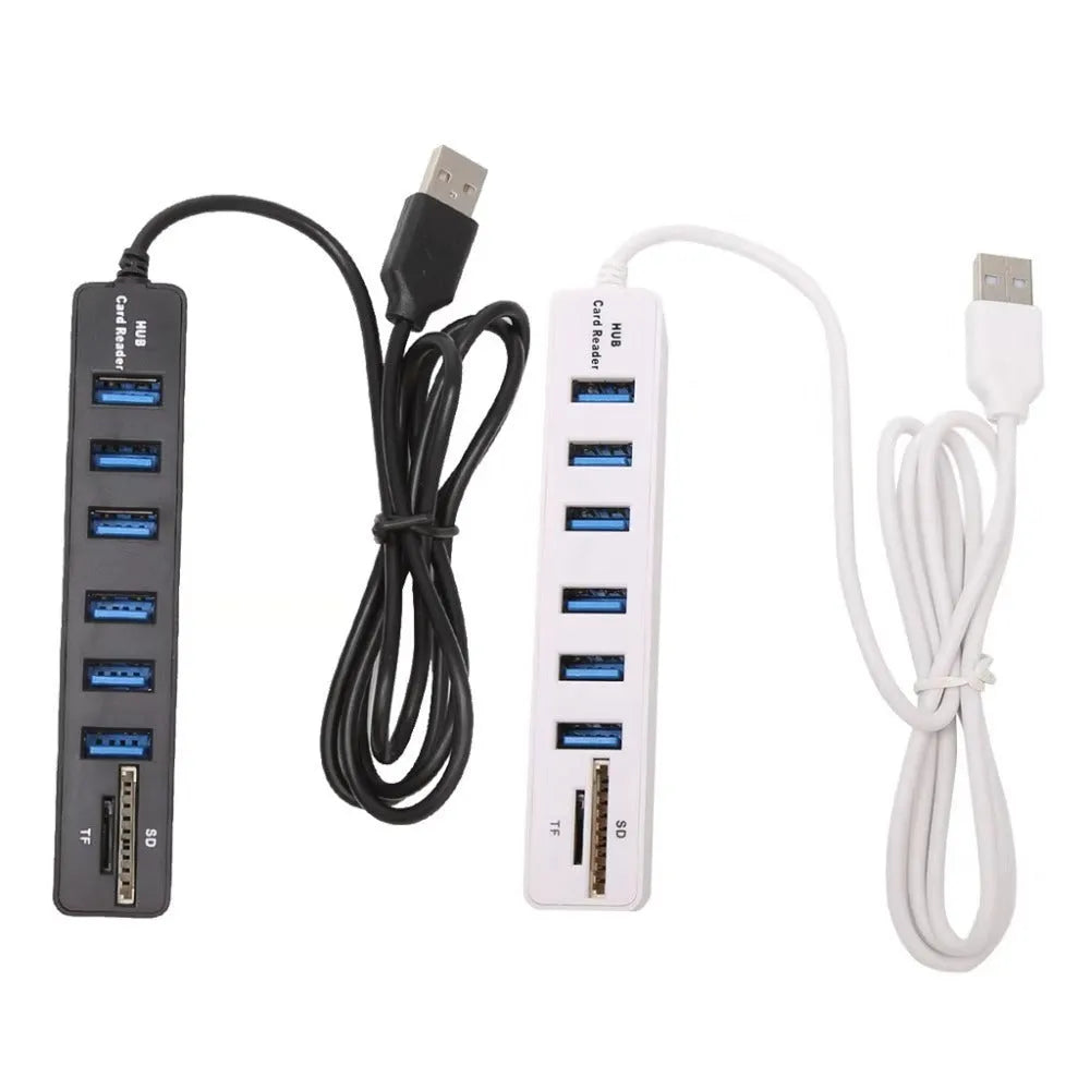 USB 2.0 hub with six ports and SD/TF card reader, black, 1cm cable length