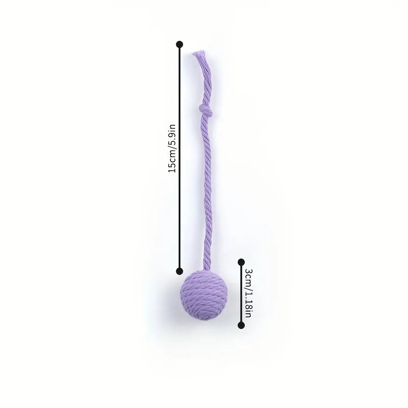Colourful cat toy ball with an attached rope, shown in green, pink, purple, and yellow with 6cm and 3cm size options.