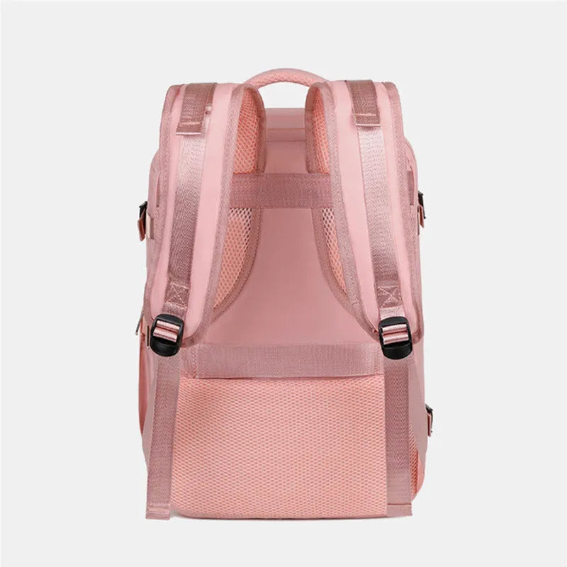 Large capacity purple travel backpack for women with laptop compartment and multiple organisational pockets