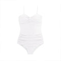 Women's solid colour one-piece swimsuit with adjustable suspender straps and a high-waist design.