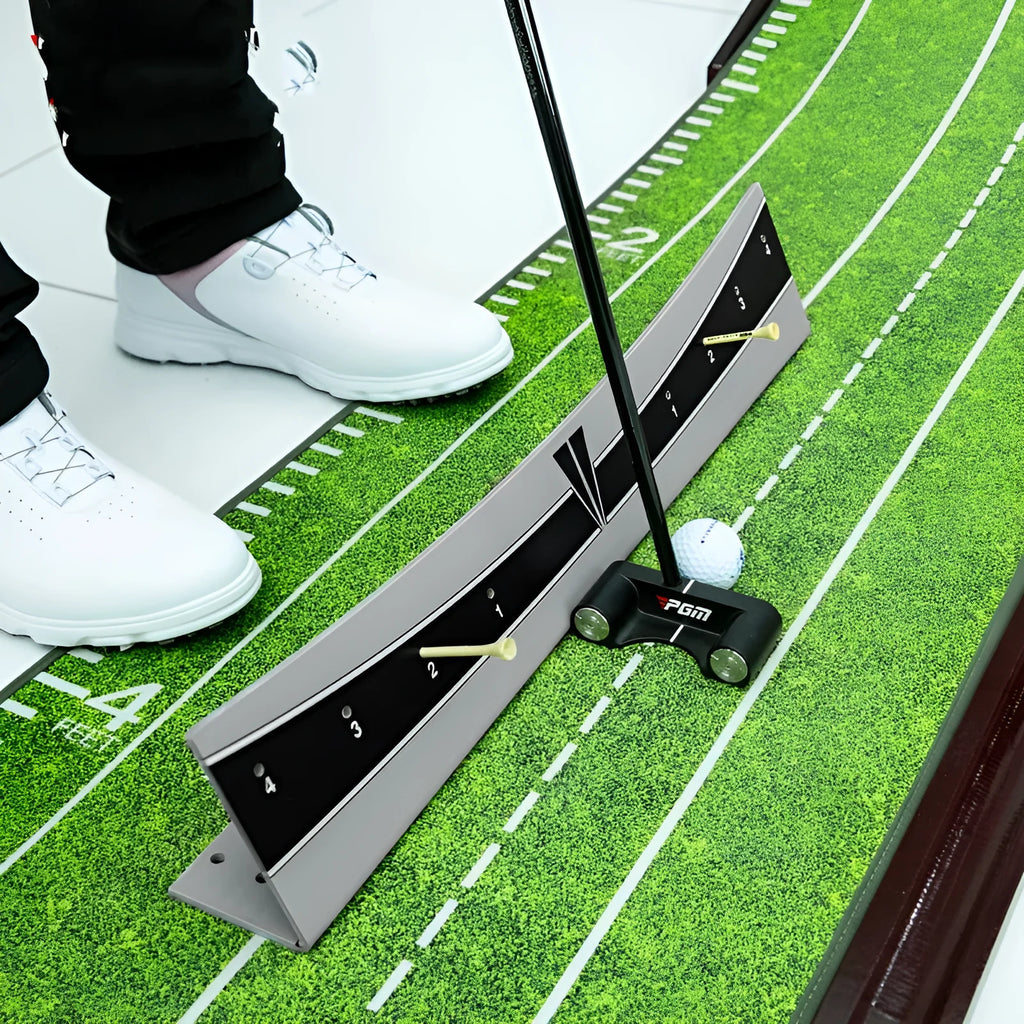 Adjustable golf putter trajectory balance simulator made from white PVC with a push rod balancer