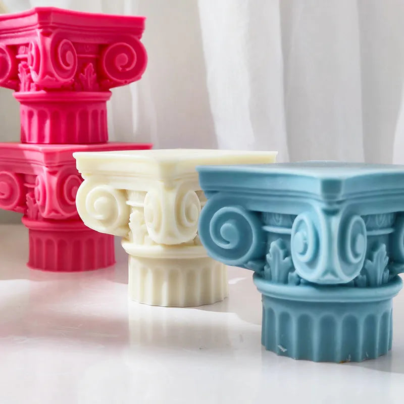 Flexible silicone Roman pillar mould for candles, chocolate, and plaster crafts.