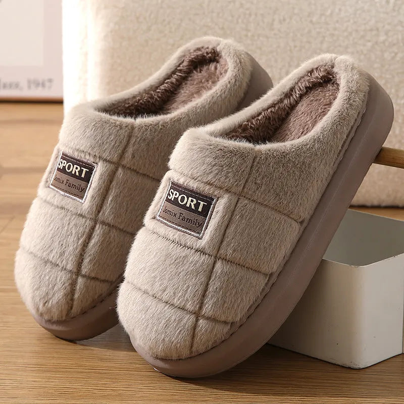 Men's plaid pattern rabbit hair slippers with artificial wool lining and thick EVA sole.