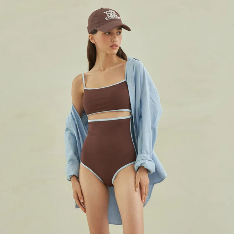 Brown women's one-piece triangle swimsuit made from nylon fabric