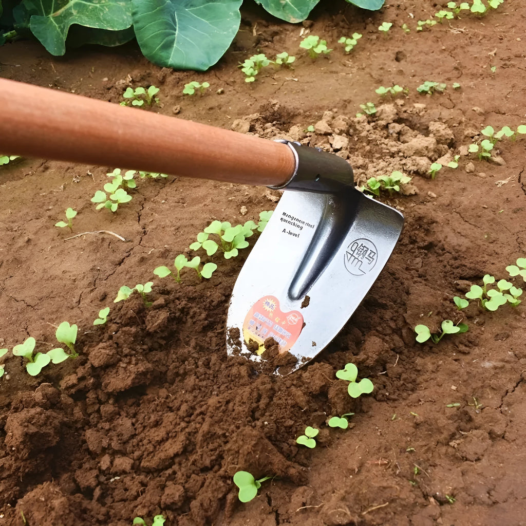 Agricultural pointed hoe plough tool with a pointed manganese steel blade and stainless steel shaft.