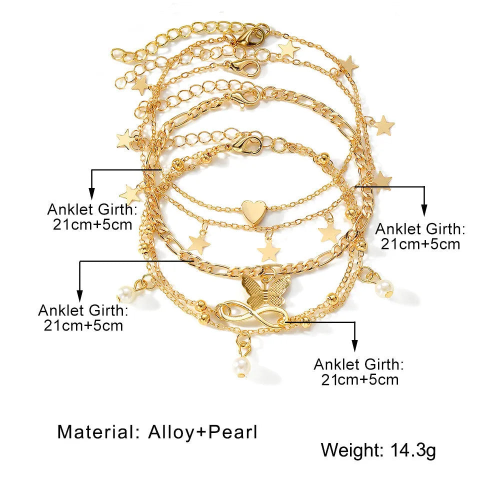 Butterfly Pearl Heart Anklet 4-piece set multi-layer women's alloy anklet Butterfly Love design