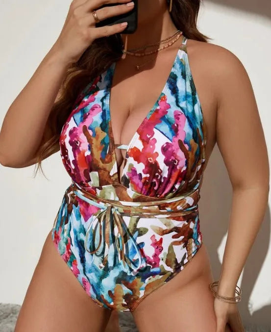 Blue solid colour halter neck one-piece swimsuit for women on mannequin