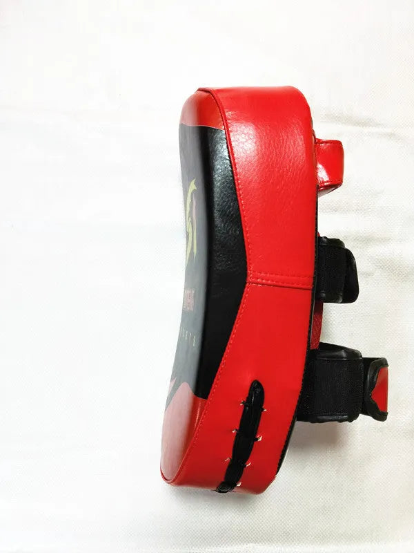 Black and red hand-held Sanda fighting foot target, 35cm long, with a double buckle strap on the back
