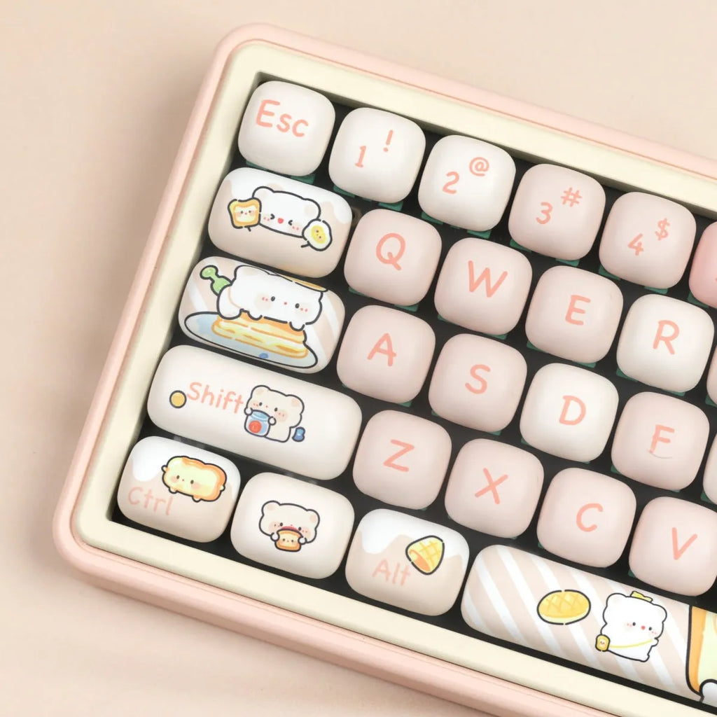 PBT mechanical keyboard key cap set with bread bear artwork in MOG height profile