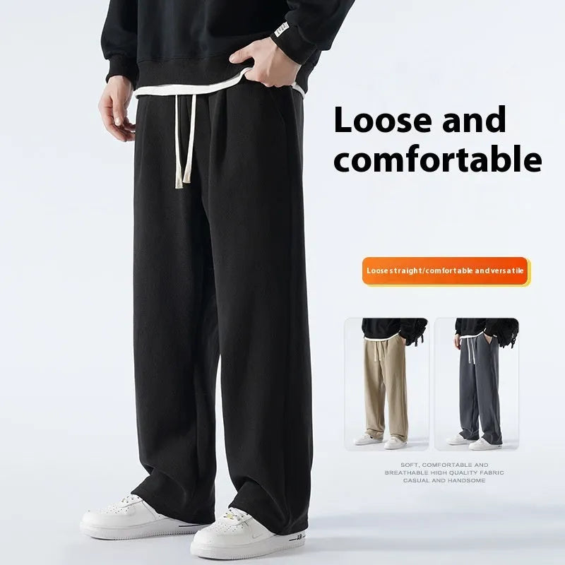 Men's apricot double-sided polar fleece loose-fit winter sports trousers with drawstring waist.