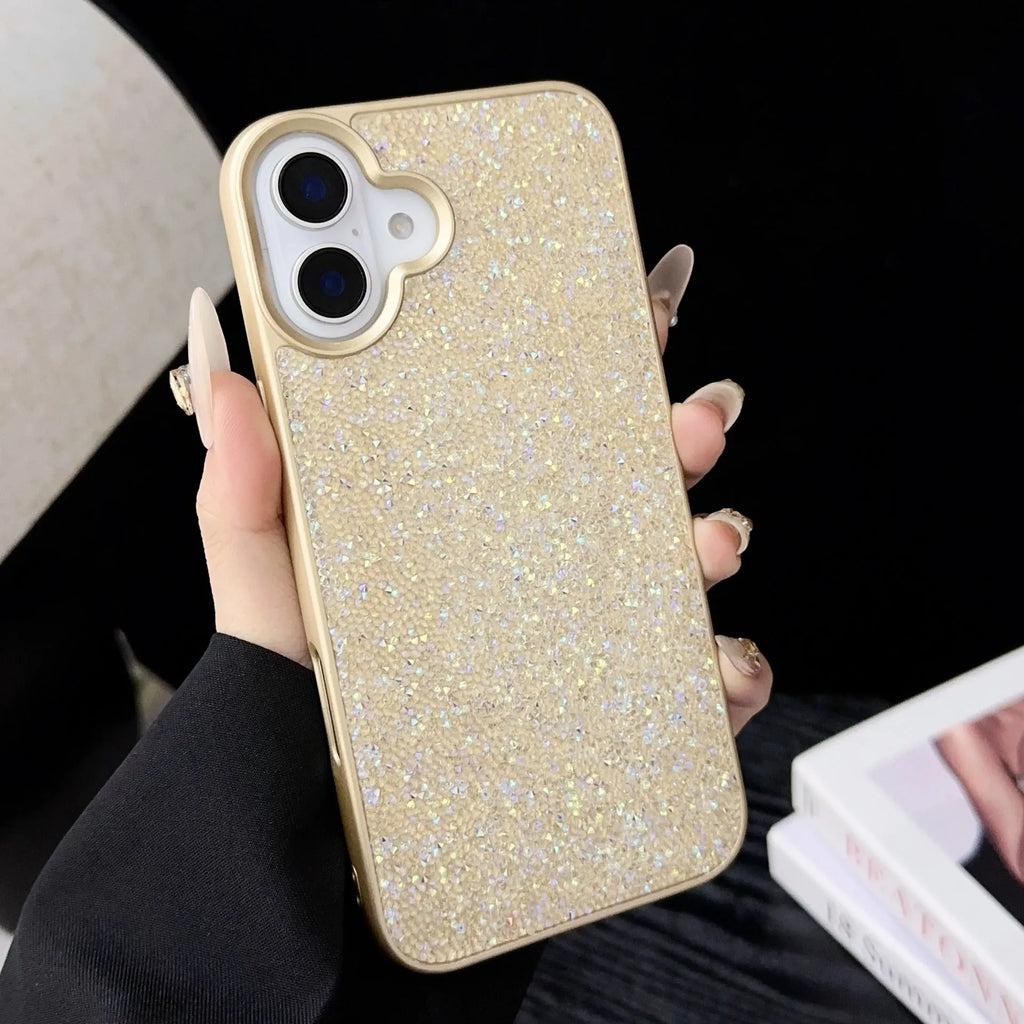 Skin Feeling Carbink phone case for iPhone 14 Pro with large hole cutouts and handmade rhinestone decorations in white, black, and pink colours