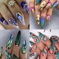 Almond-shaped rainbow plaid nail sticker set in four colours: French ripple, green flash, leaf gradient, amber