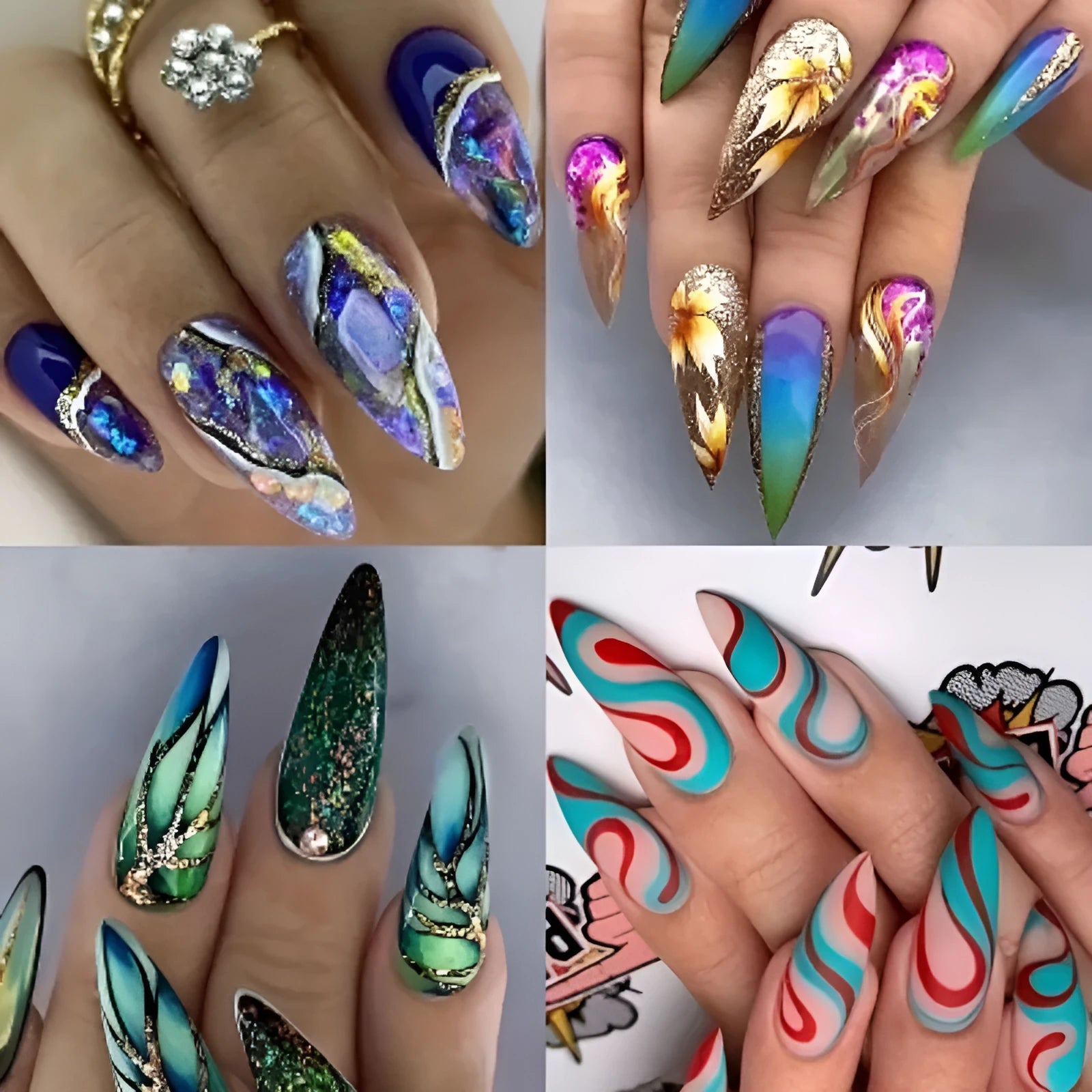 Almond-shaped rainbow plaid nail sticker set in four colours: French ripple, green flash, leaf gradient, amber