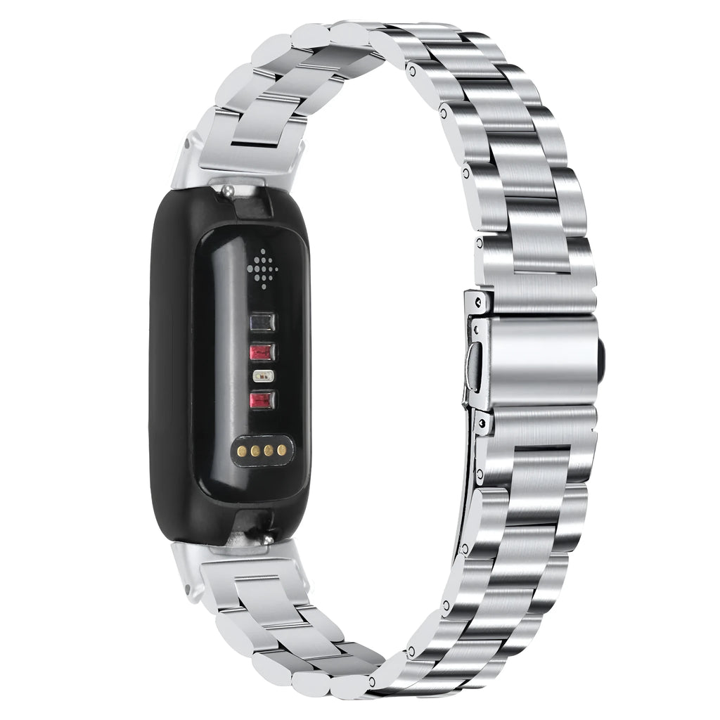 HUAWEI Watch GT 3 stainless steel three-bead mesh replacement strap in silver shown detached.