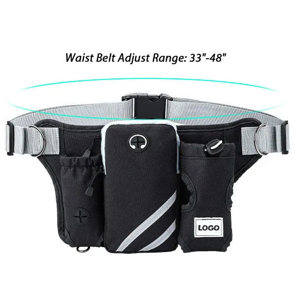 Black nylon dog walking waist bag with integrated leash for hands-free outdoor pet training