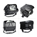 Black aluminium motorcycle spotlight with LED projection lens and dual-colour light output