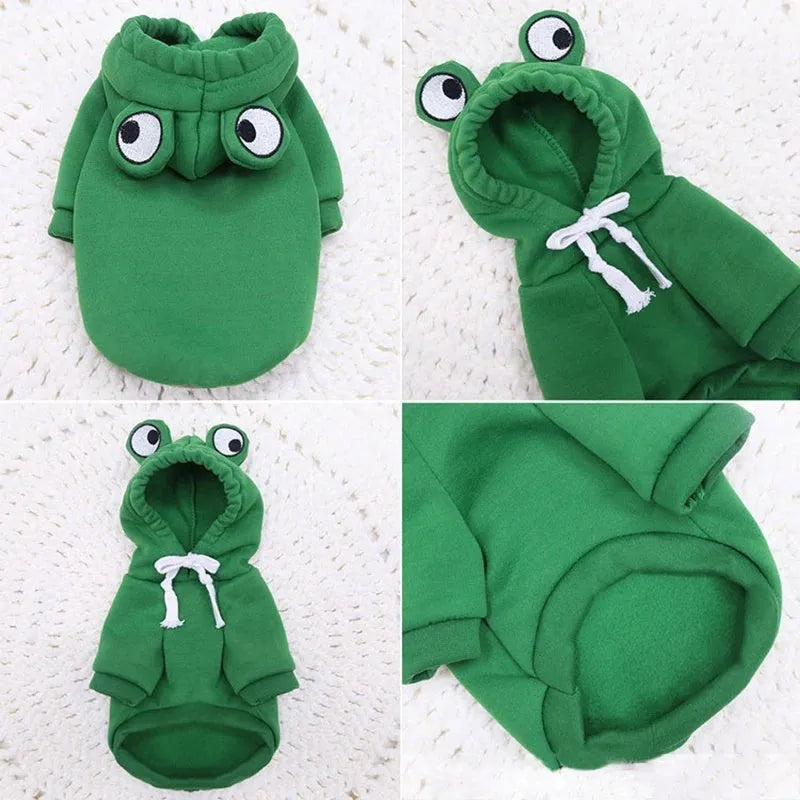 Green frog costume pet hoodie for small dogs and cats with soft fleece fabric in autumn setting