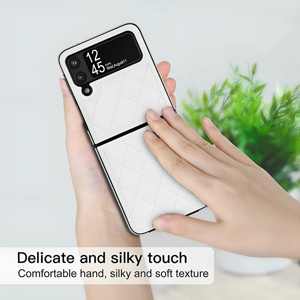Samsung Z Flip 4 foldable screen phone case with textured lambskin plaid pattern in black