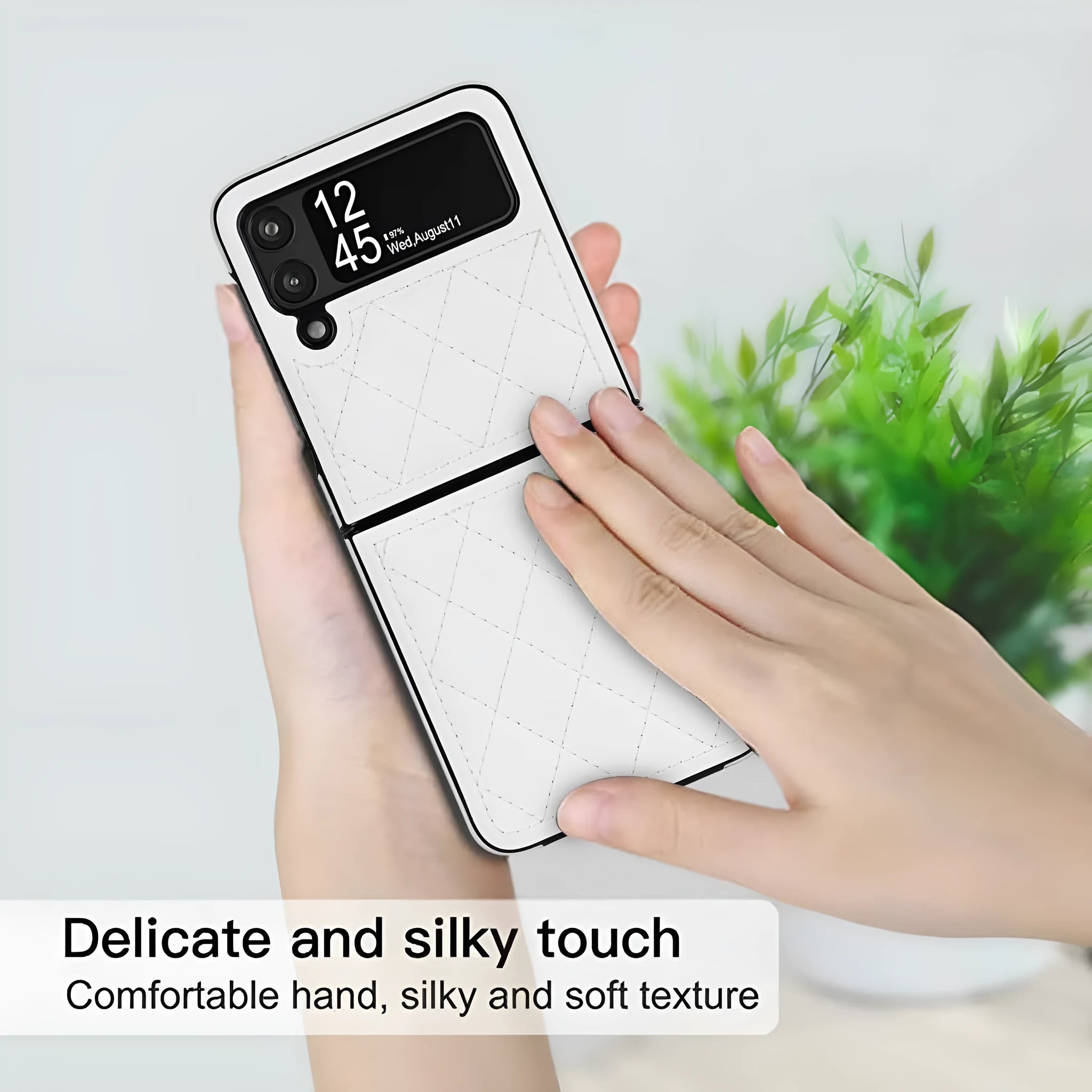 Samsung Z Flip 4 foldable screen phone case with textured lambskin plaid pattern in black
