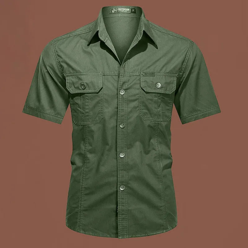 Men's short sleeve cotton work shirt in a loose fit, shown in a choice of colours including army green and blue.