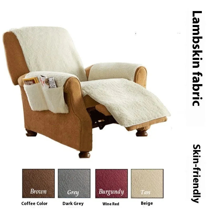 Polyester sofa cushion slipcover in lamb wool beige colour on a sofa, showing universal fit.