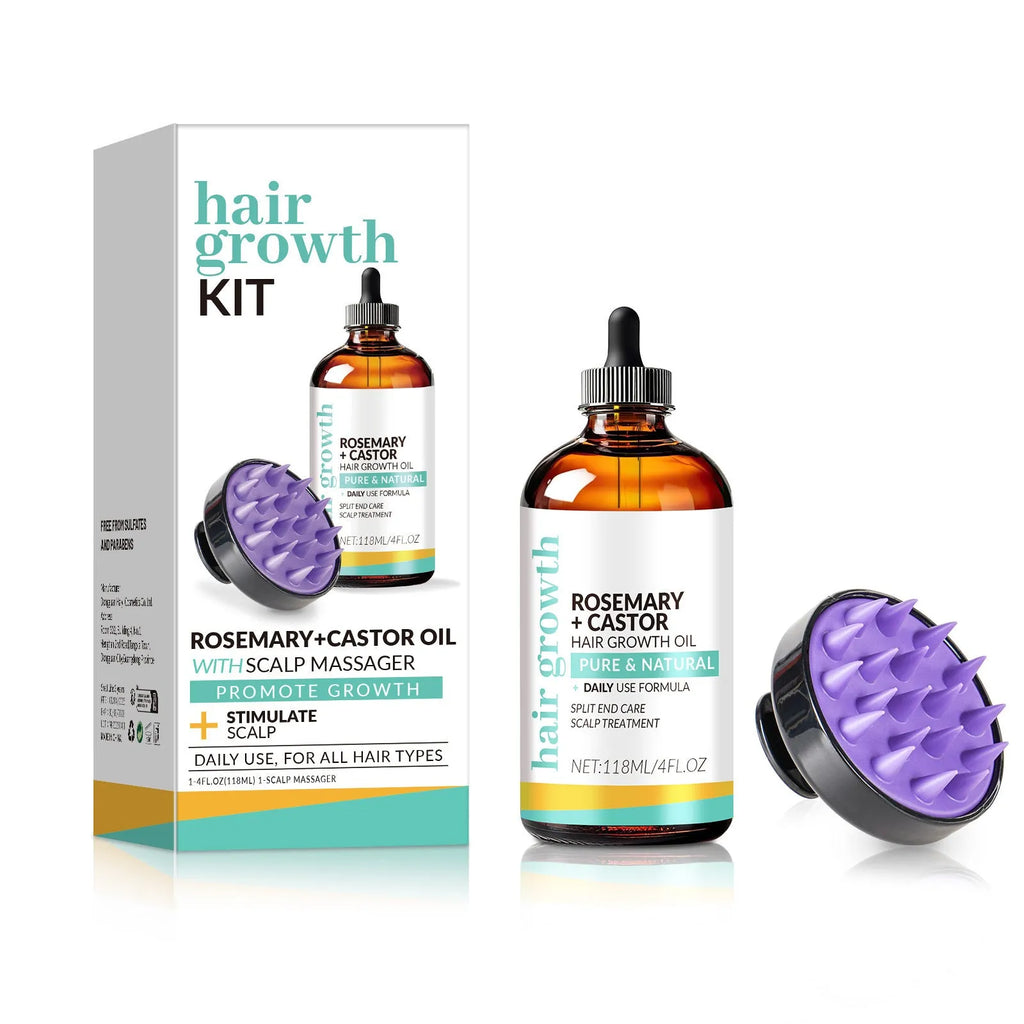 Bright yellow 118ml hair treatment oil bottle with integrated scalp massage brush for dense hair care