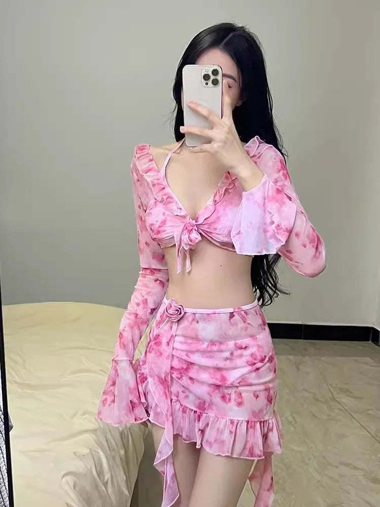 Women's floral bikini swimsuit set in cherry blossom powder colour showing front and back styling