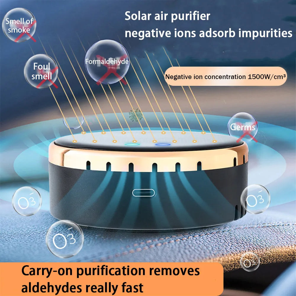 A black solar-powered car air humidifier mounted on a vehicle's air conditioning vent.