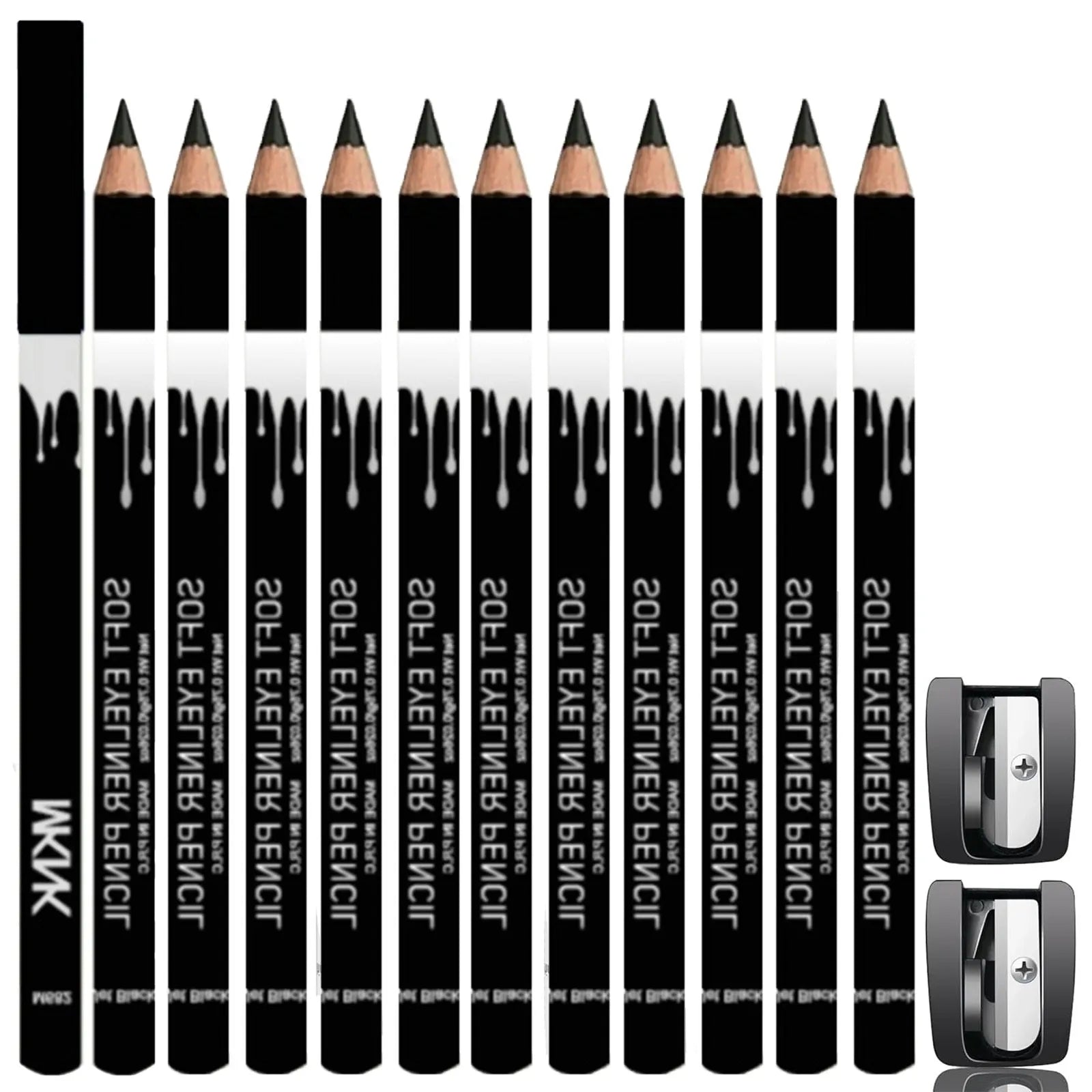 12-piece white and black eyeliner pencil set with sharpener, waterproof and retractable