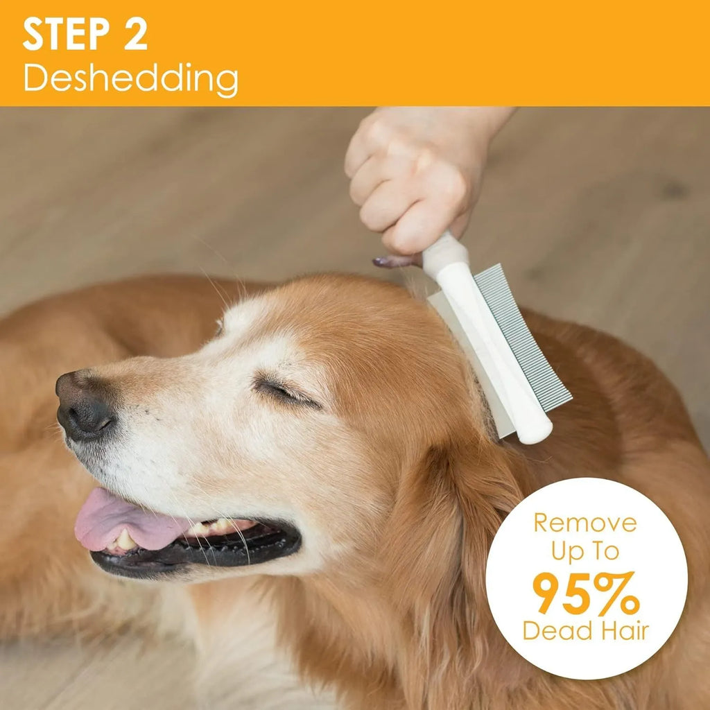White 2-in-1 double-sided dog and cat deshedding brush with grooming comb and ergonomic handle