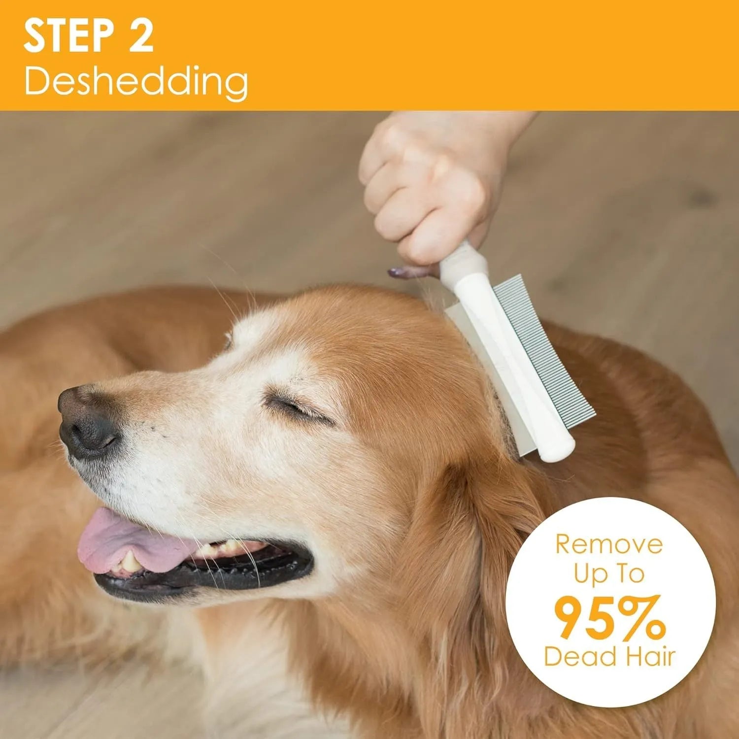 White 2-in-1 double-sided dog and cat deshedding brush with grooming comb and ergonomic handle