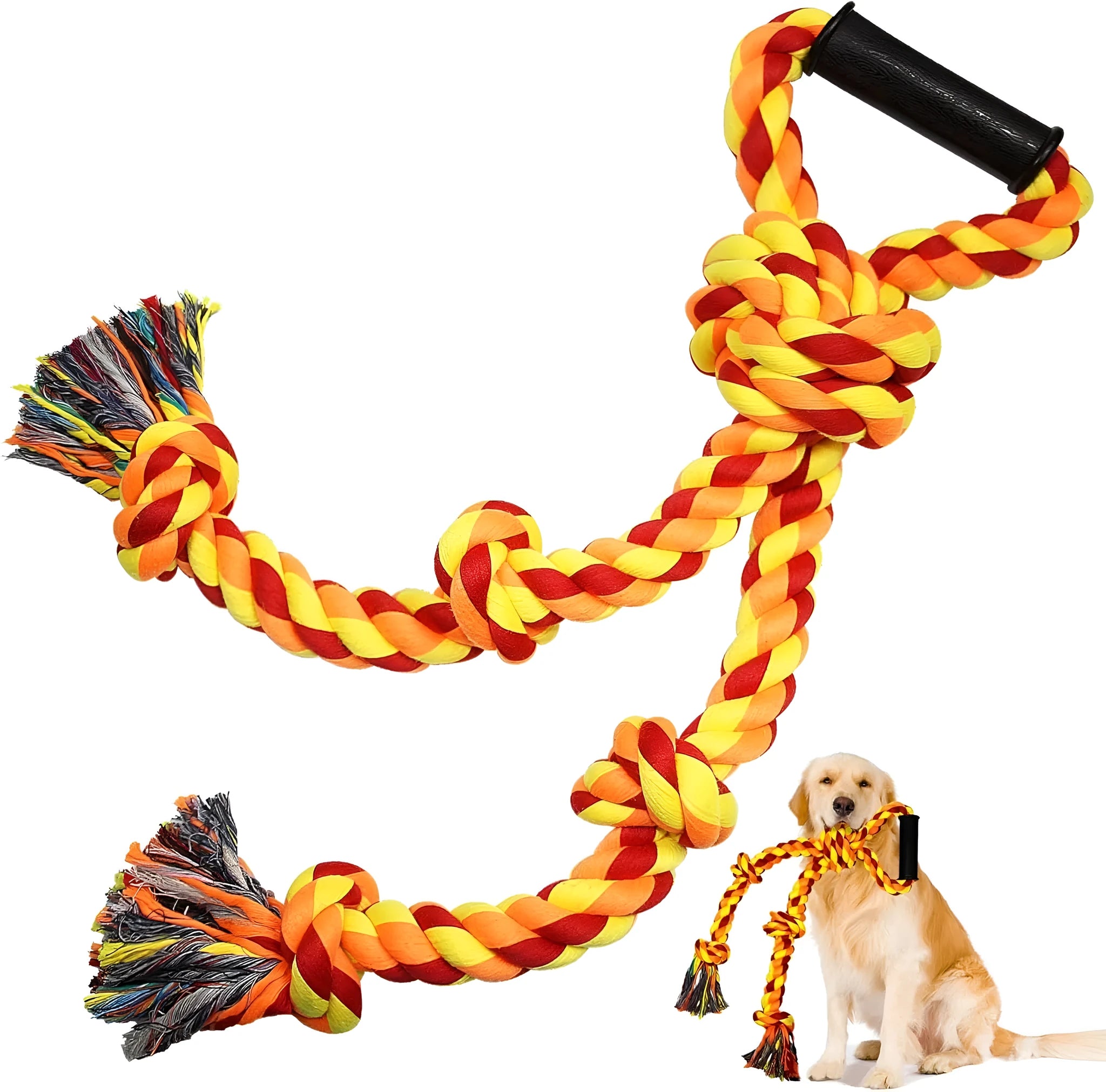 Blue and yellow cotton rope dog toy with reinforced centre connector for large breed chewing