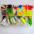 142-piece fishing lure suit set with metal fishing pliers, hard mino lures, and sequin baits on a tackle box.