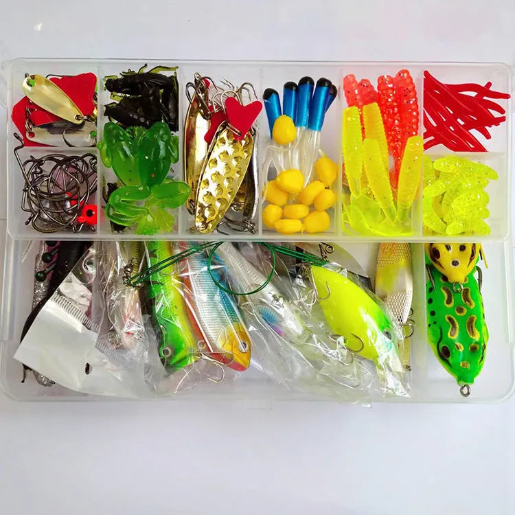 142-piece fishing lure suit set with metal fishing pliers, hard mino lures, and sequin baits on a tackle box.