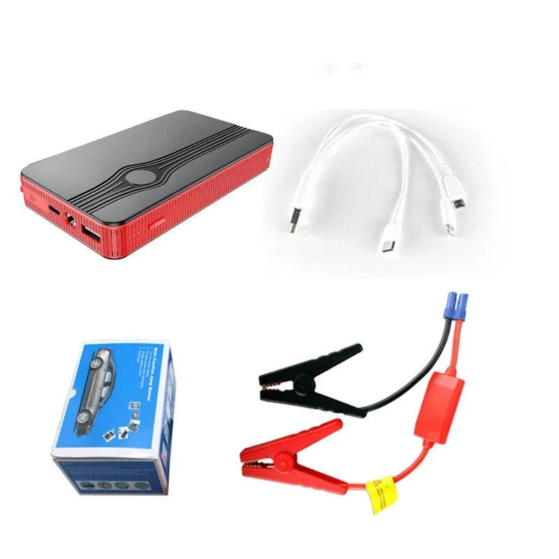 Red K4-E automobile emergency starting power supply with data cable, dimensions 139x79x25mm.
