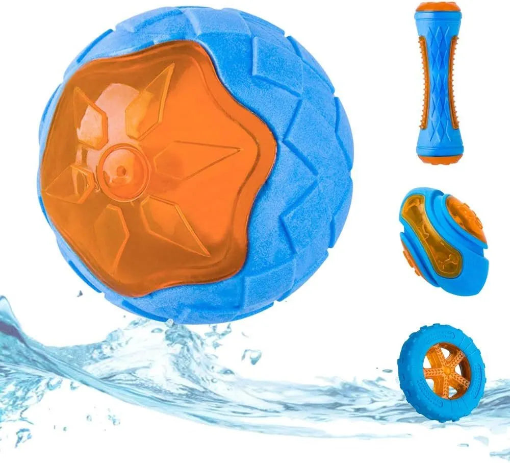 TPR floating squeaky dog toy with bump and spike textures in ball, barbell, or tyres shapes