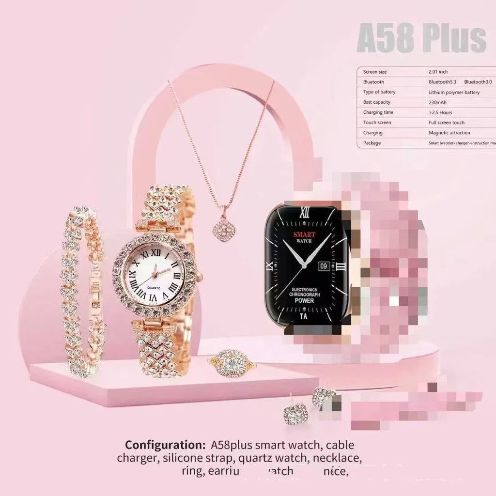 A58plus and A59plus smart watch with touchscreen display, shown in various colour options including black, gold, silver, grey, and beige.