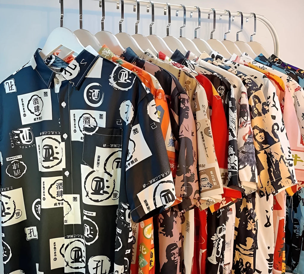 Man's loose fit short sleeve cardigan shirt with a full floral printed pattern in polyester.