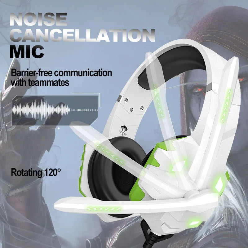 Wired gaming headset with microphone and LED breathing light in blue, pink, red, or white.